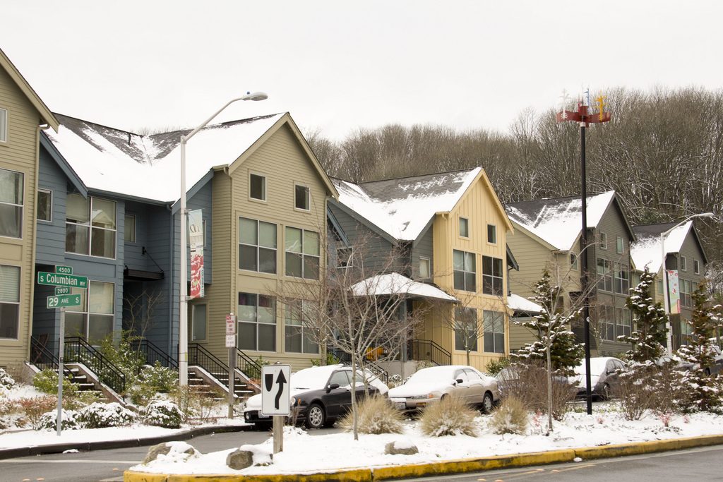 These snow-capped row houses are among Seattle's portfolio of affordable housing stock.
