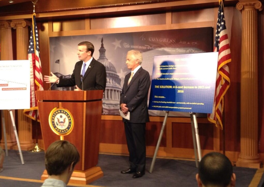 Senators Murphy and Corker introduce their proposal to raise the gas tax by 12 cents and index it to inflation on Wednesday, June 18, 2014