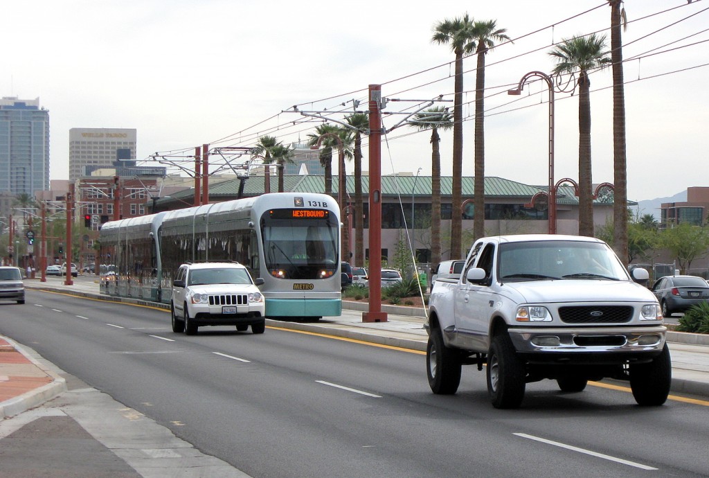 phoenix mesa light rail on street truck