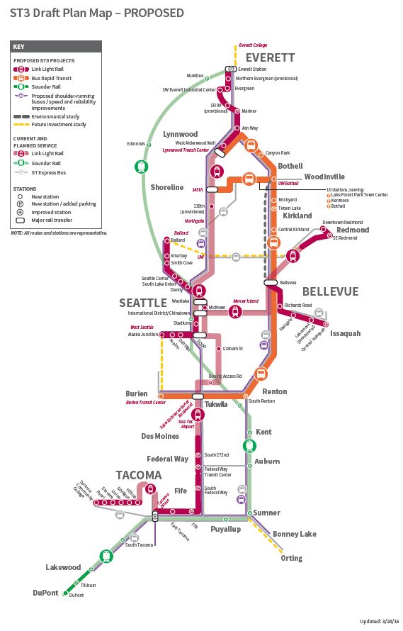 A map shows current transit service for metro Seattle, along with the expanded bus, light rail and commuter train lines proposed in Sound Transit 3. 
