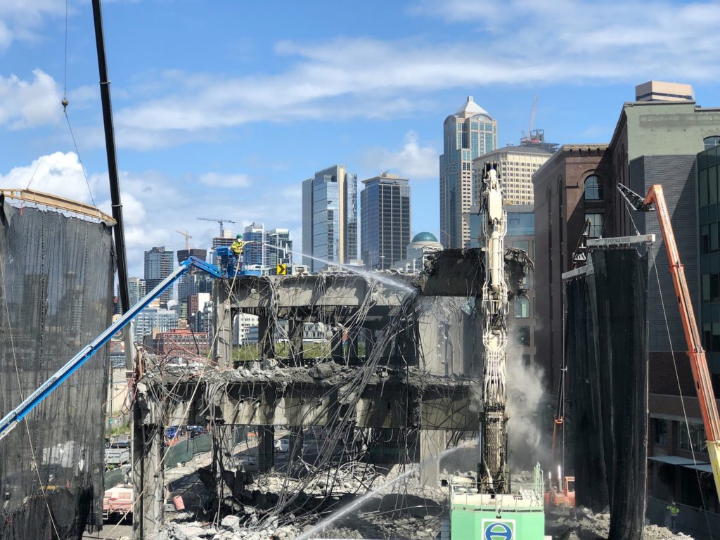 Alaskan Way Viaduct demolition in progress in Washington