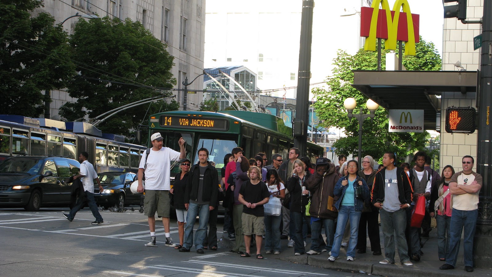 A crowd of pedestrians in downtown Seattle
