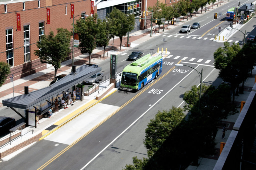 Sheltered Richmond bus stop by a bus only lane