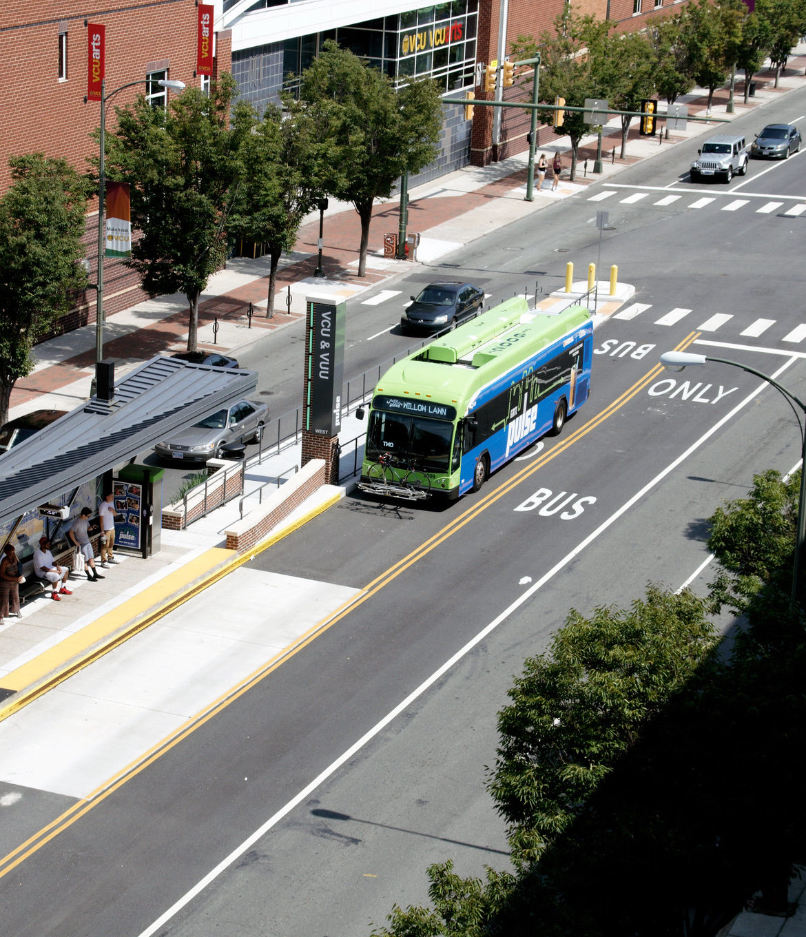 Sheltered Richmond bus stop by a bus only lane