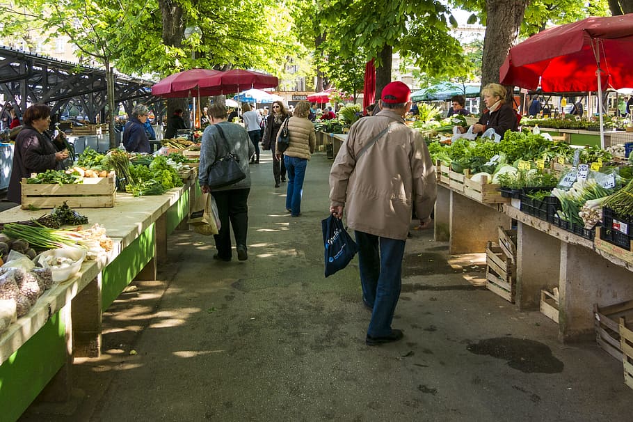 a farmers market filled with pedestrians