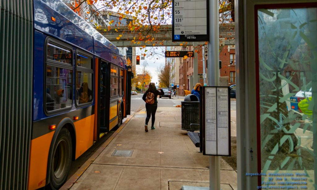 Transit rider at King County Metro bus stop