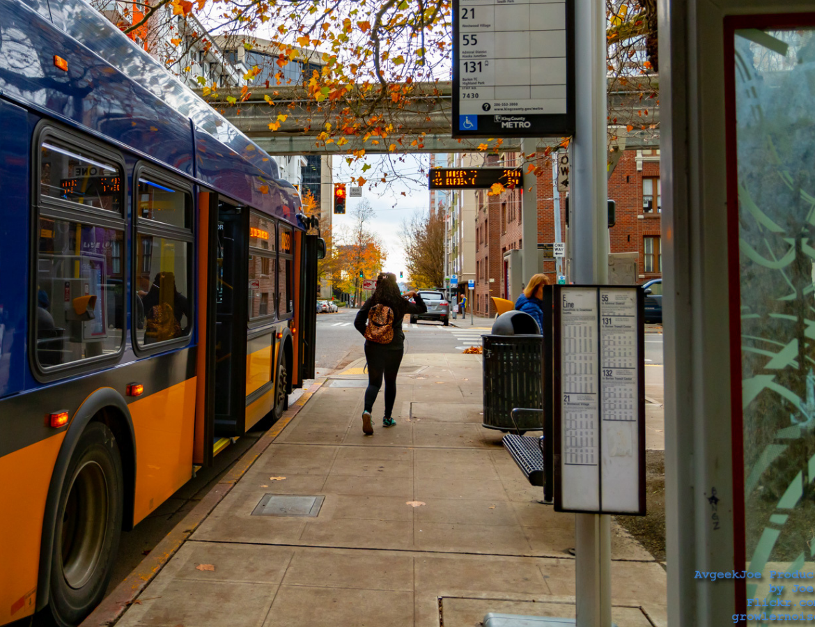 Transit rider at King County Metro bus stop