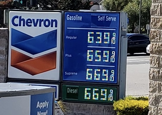 Chevron gas station with gas prices ranging from $6.39 to $6.69