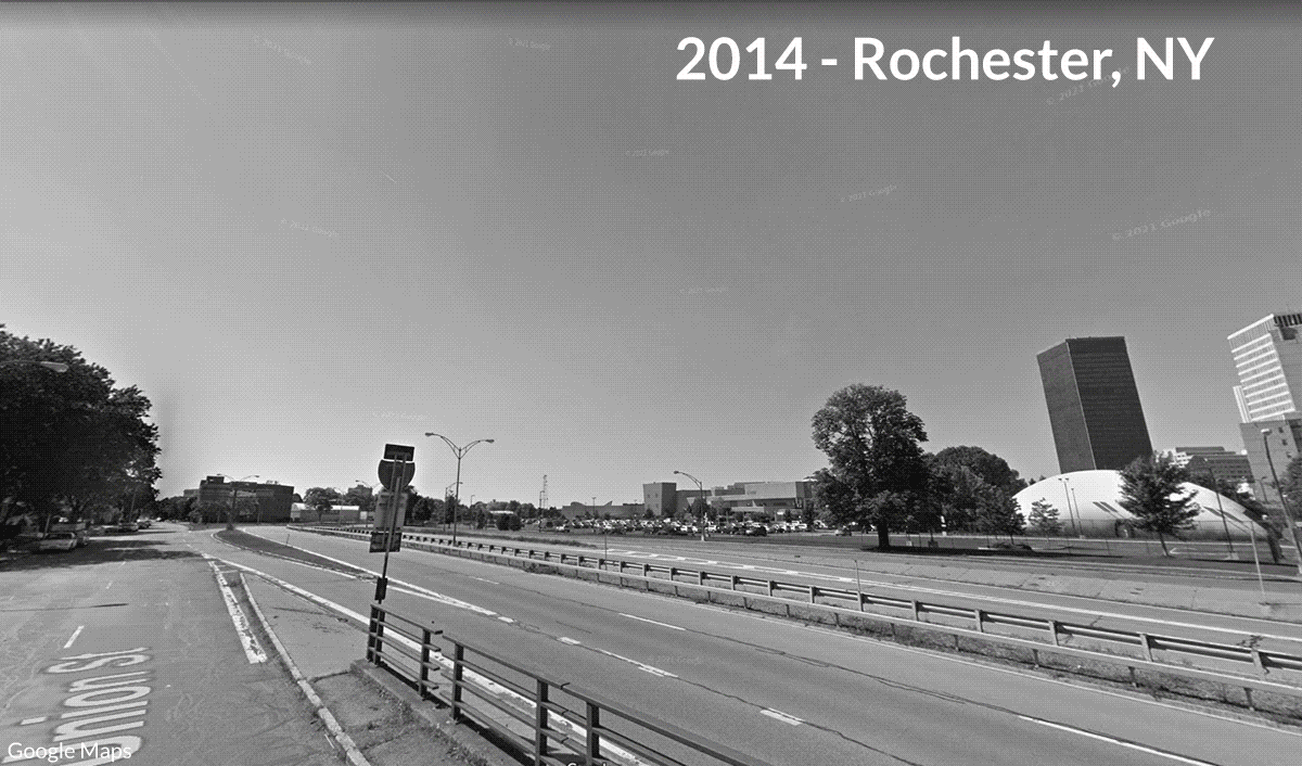 looping gif showing 2014 view of sunken Rochester inner loop freeway, replaced in second image with current view of new housing and surface streets where freeway once stood