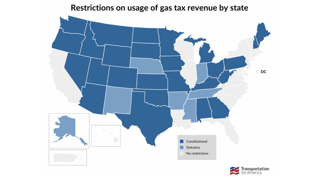 Map of gas tax revenue restrictions by state. For more information, see the text under "State restrictions on gas tax revenue." A table of each state's restrictions will be available in our upcoming report, The Transit Report Card.
