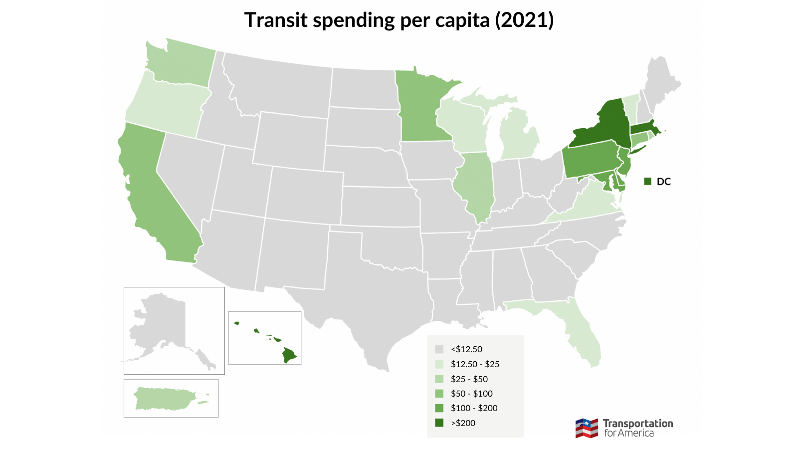 Map of state transit spending. For more information, see the text under "Transit spending." A table showing each state's spending will be available in our upcoming report, The Transit Report Card.