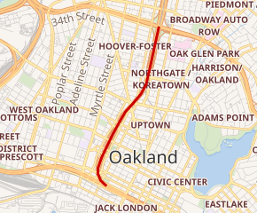 Simple map with I-980 in red slicing between West Oakland and downtown Oakland