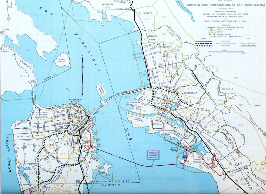 Historical map of proposed Bay bridges. Description in first paragraph under "History of the Southern Crossing"