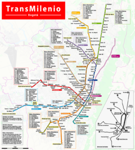 About 13 different bus routes intersect across Bogota in a brightly colored map