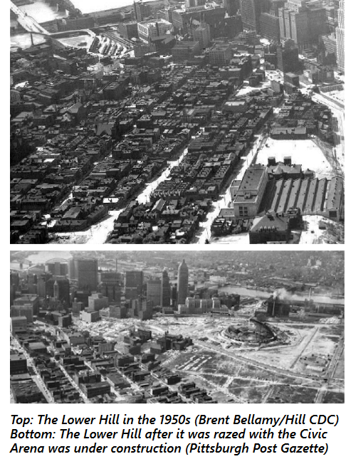 Pittsburgh Post Gazette black and white aerial photographs of the Hill District before demolition (rows of clustered buildings) and after (large, cleared area for the arena and highway)