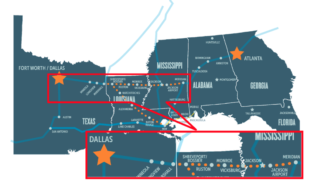 Map of proposed route from Fort Worth, TX to Atlanta, Georgia, with a dotted section from Shreveport to Meridian.