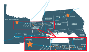 Map of proposed route from Fort Worth, TX to Atlanta, Georgia, with a dotted section from Shreveport to Meridian.