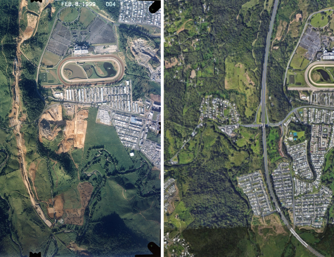 Aerial view of Puerto Rico prior to PR 66 construction with forest and aerial view of PR 66 after construction with forest construction and sprawl