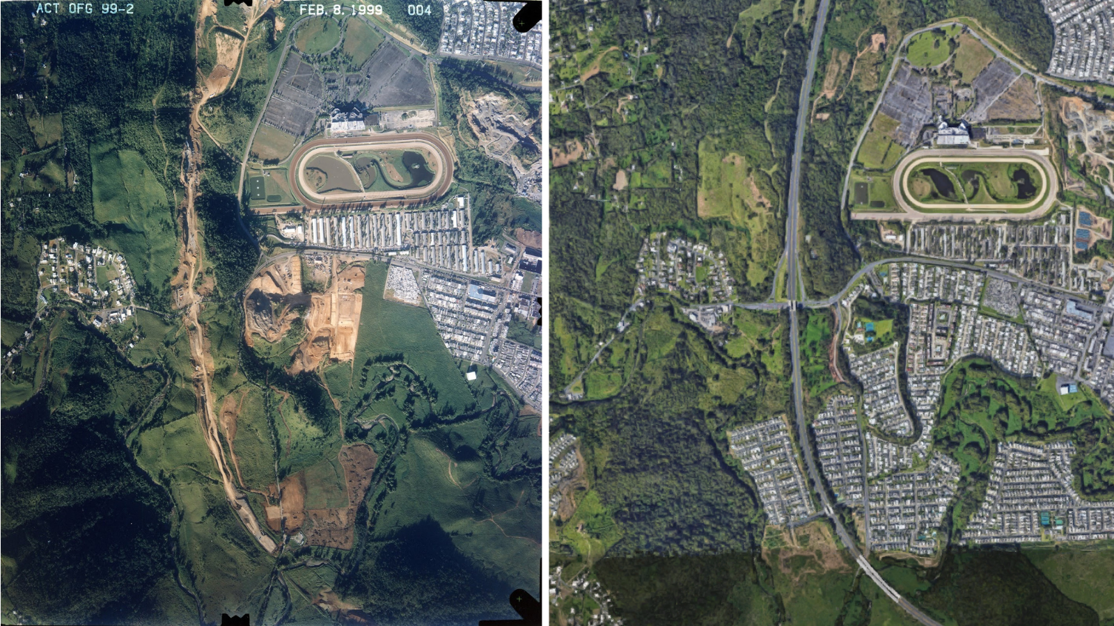 Aerial view of Puerto Rico prior to PR 66 construction with forest and aerial view of PR 66 after construction with forest construction and sprawl