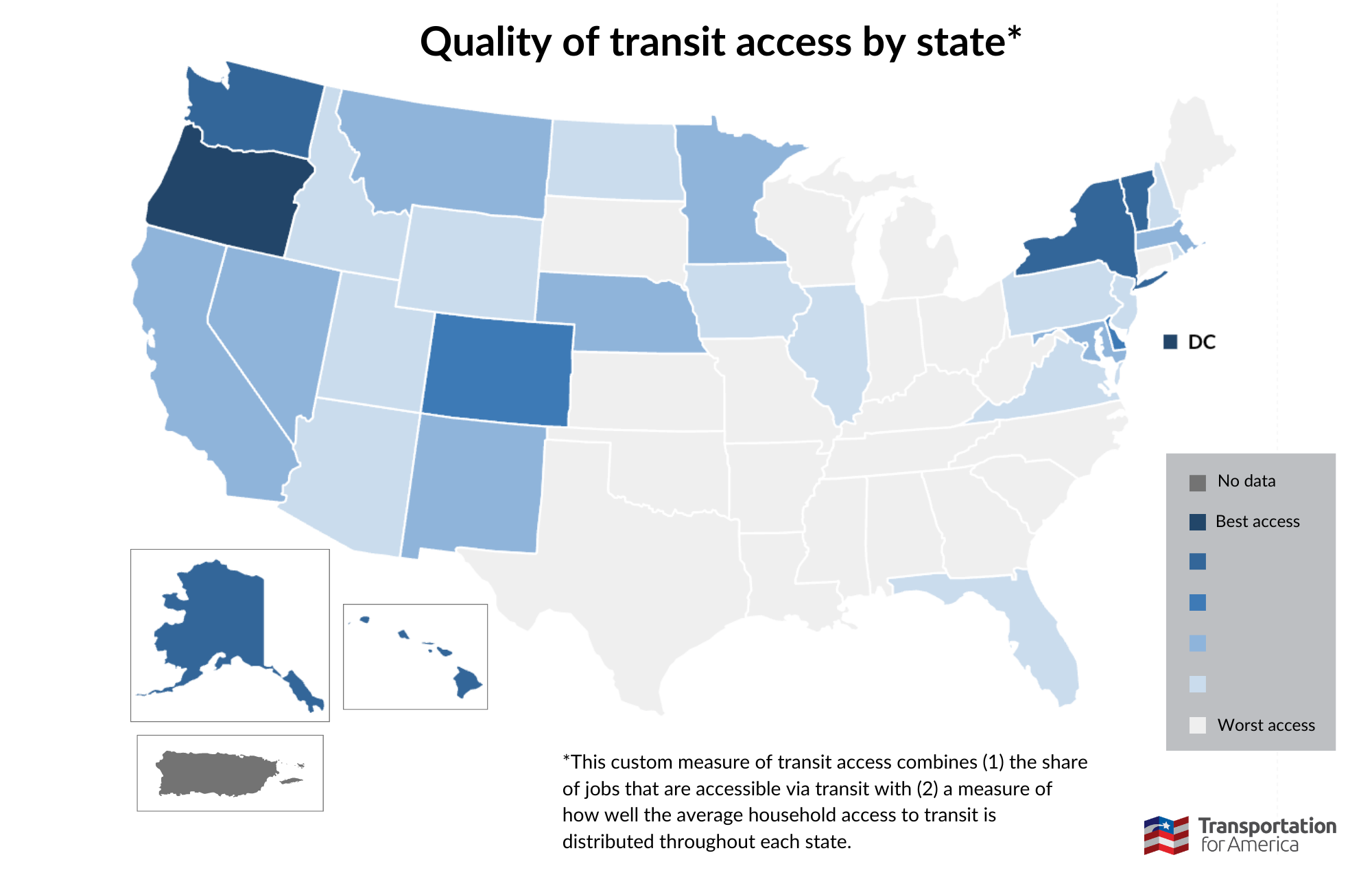 Map of quality of transit access by state according to our research (described in the above paragraphs of this section). Results in the last two paragraphs of this section.