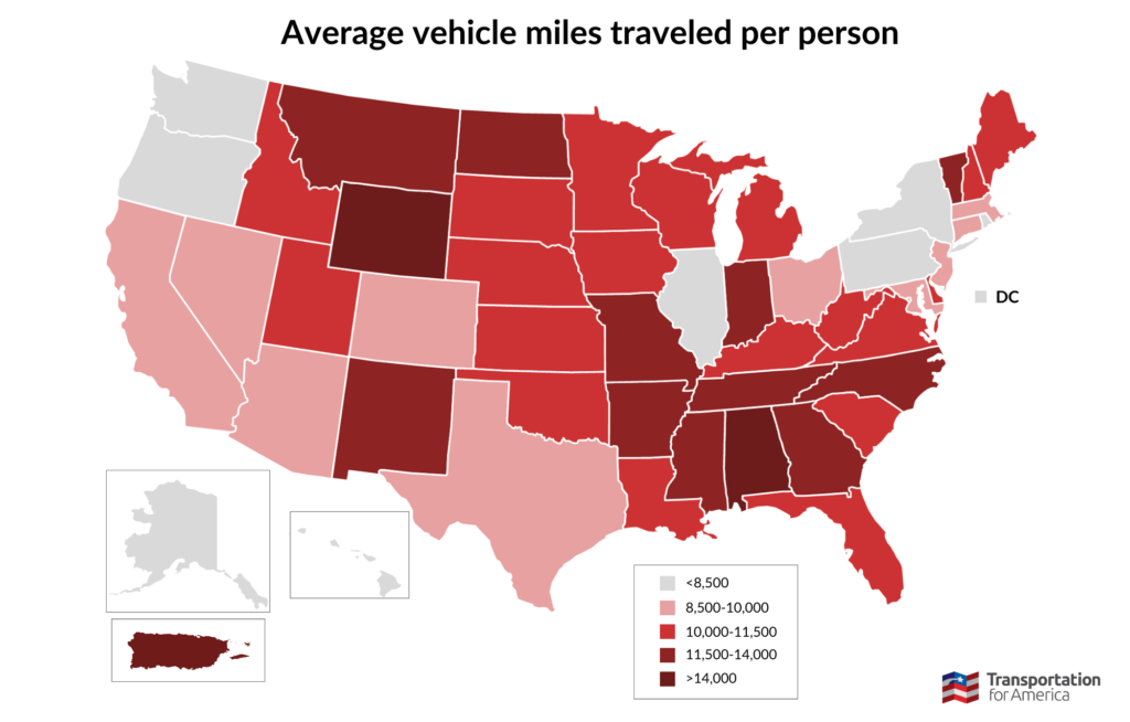 Map of vehicle miles traveled by state. Highlight: nearly every U.S. state has an average of more than 8,500 VMT per person. More specifics can be found in the table linked at the bottom of this post.