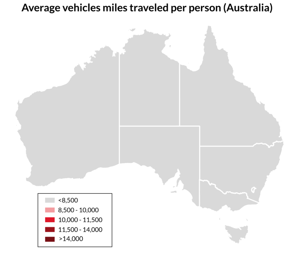 Average vehicle miles traveled per person in Australia. The entire map is the same color of gray, showing that every state has less than 8,500 VMT per person. Specific highlights listed in the paragraph above 