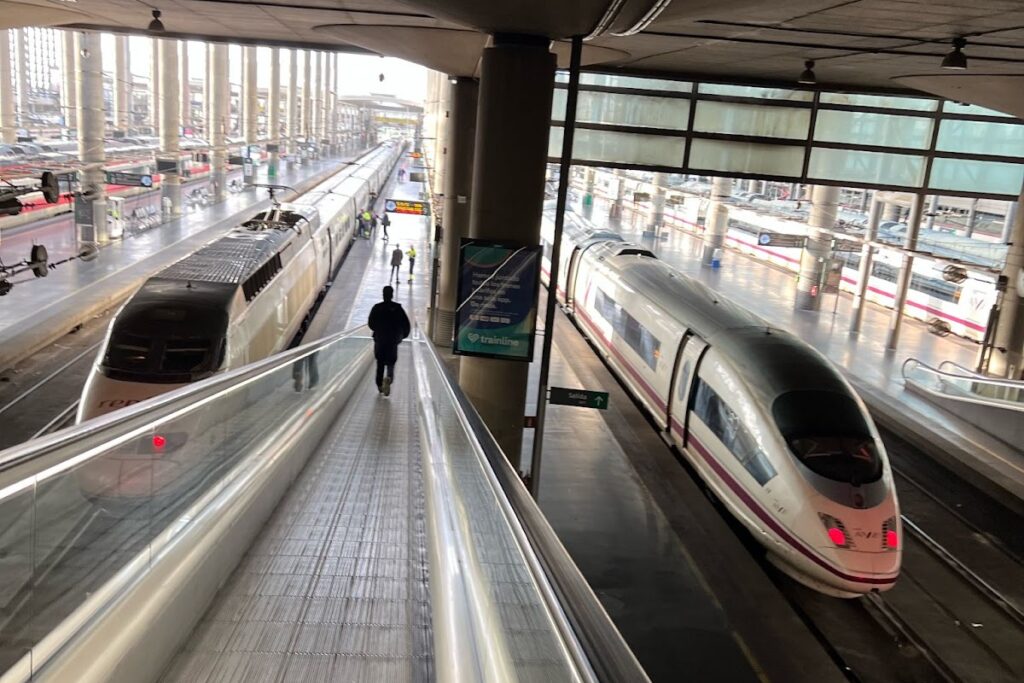 A passenger walks up to the platform between two AVE trains.