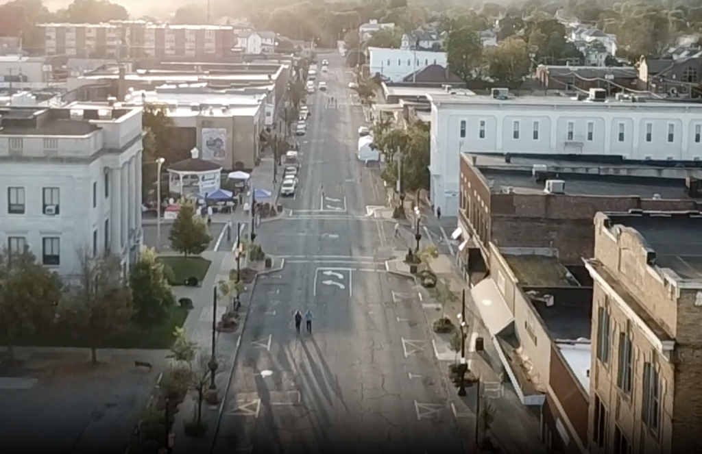 Aerial photo of a five lane road and historic buildings in Logan, Ogio