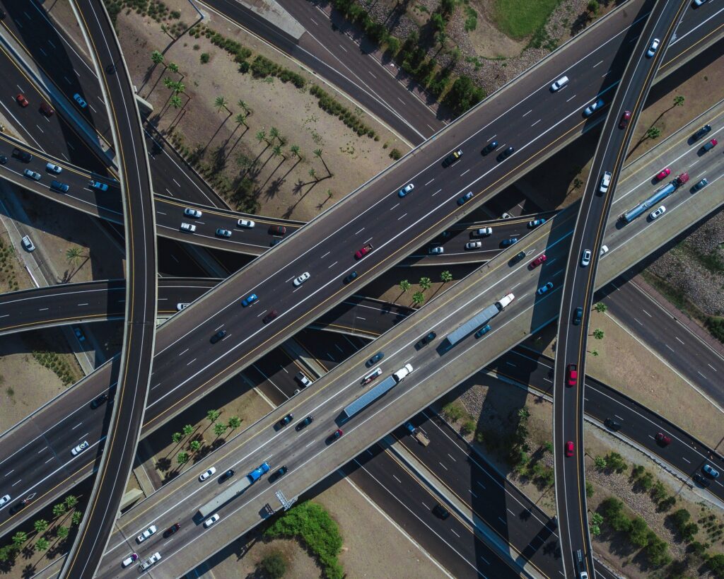 Aerial image of a complicated highway interchange in Phoenix Arizona. 