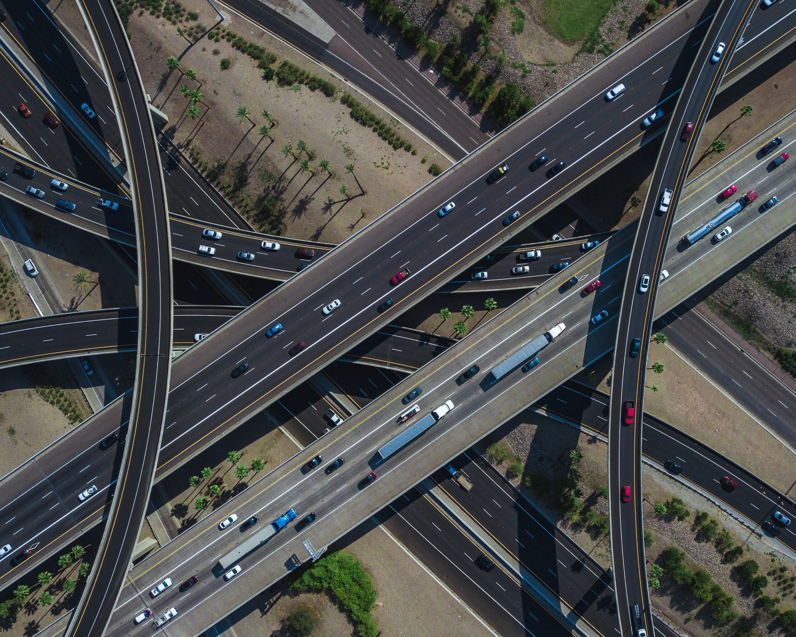 Aerial image of a complicated highway interchange in Phoenix Arizona.