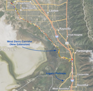 A satellite image from the Utah Department of Transportation showing a new extension of roadway North of Legacy Parkway, weaving past the Salt Lake and into suburbs north of Salt Lake City.