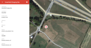 Screenshot of a charging site location, pinned on a map in the midst of agricultural fields and empty roads.