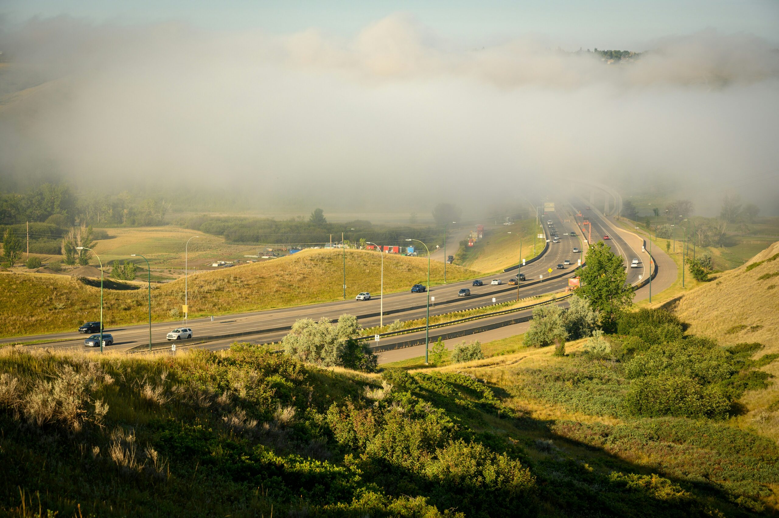 A highway dotted with cars cuts through the natural landscape, creating a scar that mirrors the environmental harm of ever-increasing highway expansions