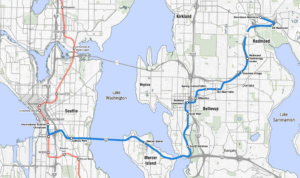 The East Link route shown in blue, starting at Chinatown in Seattle and making stops in Mercer Island, Bellevue, and Redmond, finally ending at Downtown Redmond.