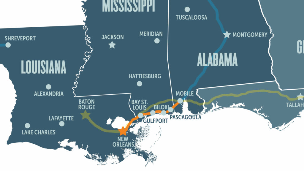 Map showing the stops of the restored route from New Orleans to Mobile, making stops in Bay St. Louis, Gulfport, Biloxi, and Pascagoula along the way.