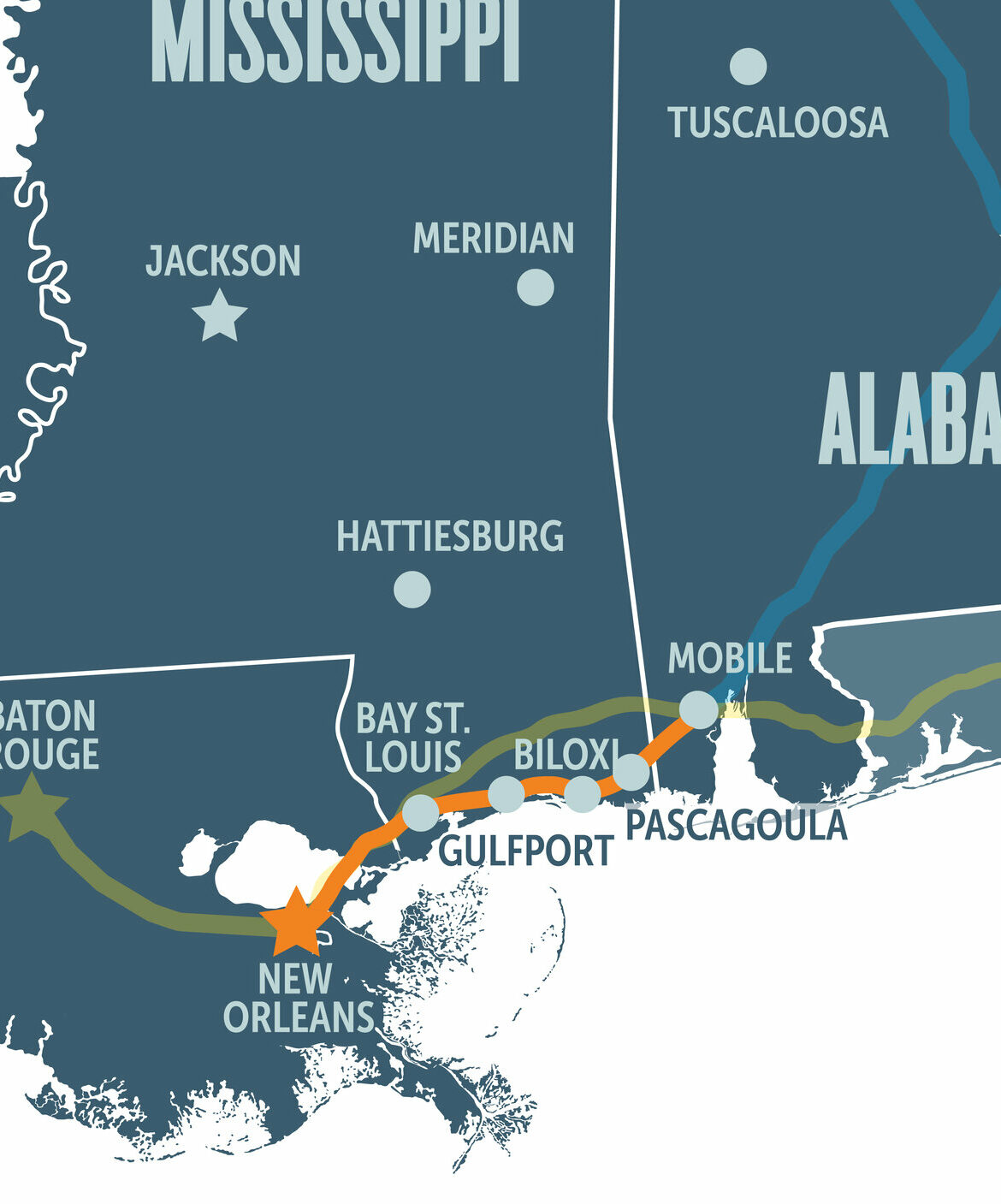 Map showing the stops of the restored route from New Orleans to Mobile, making stops in Bay St. Louis, Gulfport, Biloxi, and Pascagoula along the way.