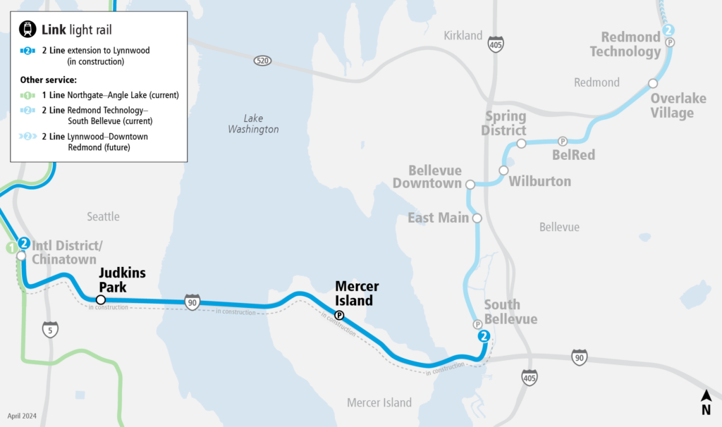 The East Link extension route shown in blue, starting at Chinatown in Seattle and making stops in Mercer Island, Bellevue, and Redmond, finally ending at Downtown Redmond.