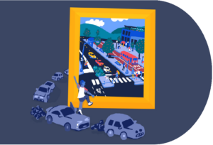 Cartoon of a man exiting a sad looking vehicle and entering a beautiful image of a street filled with crosswalks, wide sidewalks, and bus lanes