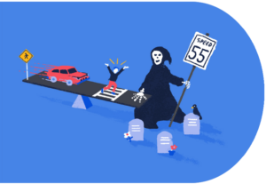 Cartoon of the grim reaper tipping the scales towards pedestrian deaths while holding a speed limit: 55 sign.