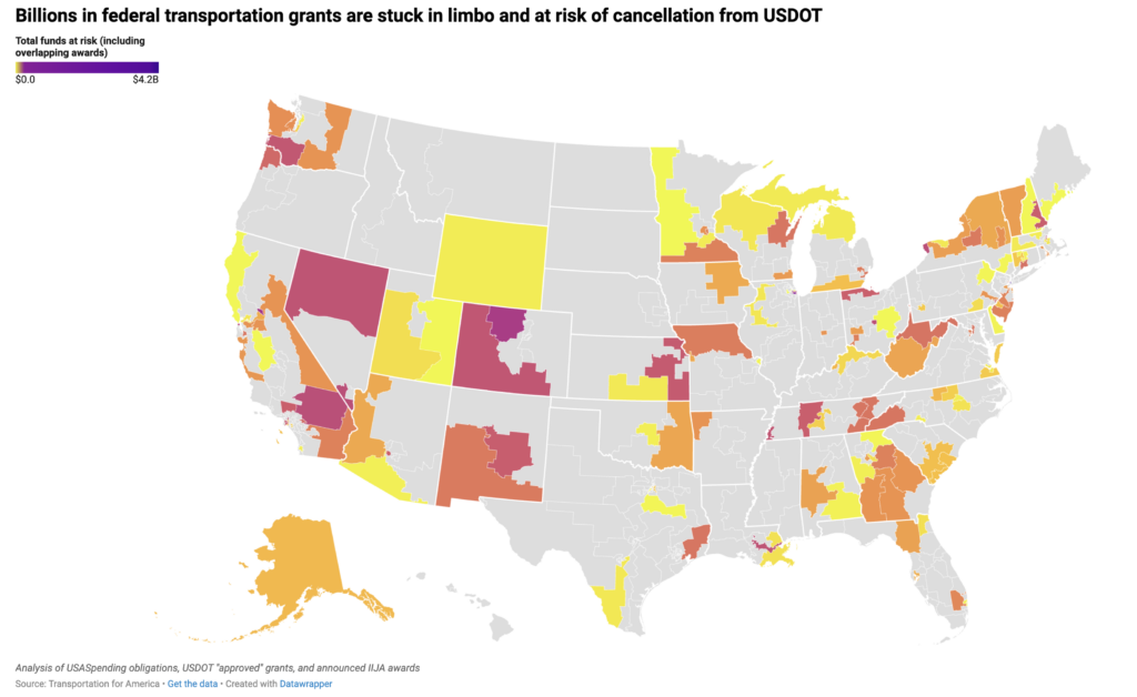 Graphic of US Map showing where USDOT grants may be cancelled