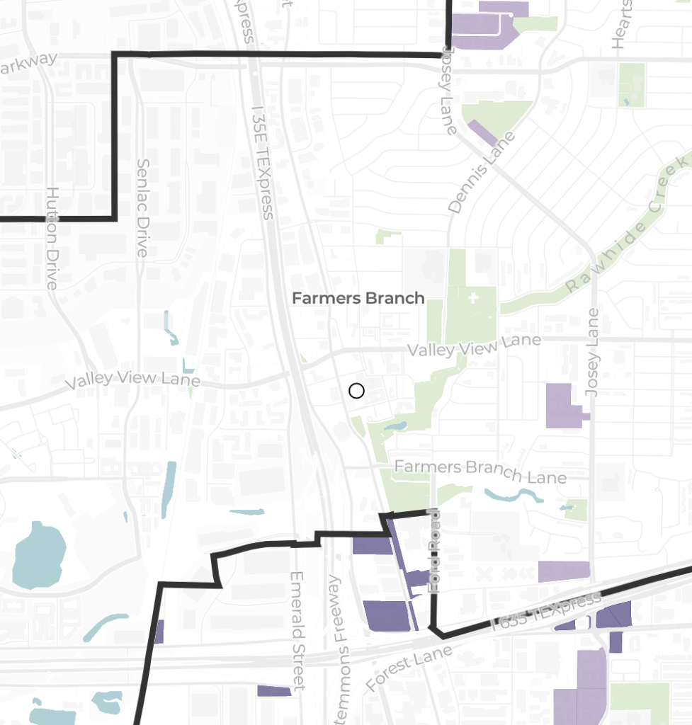 National Zoning Atlas zoning map of Farmers Branch, Texas, highlighting areas that allow apartments with four or more units, with a dot indicating the Farmers Branch DART station.