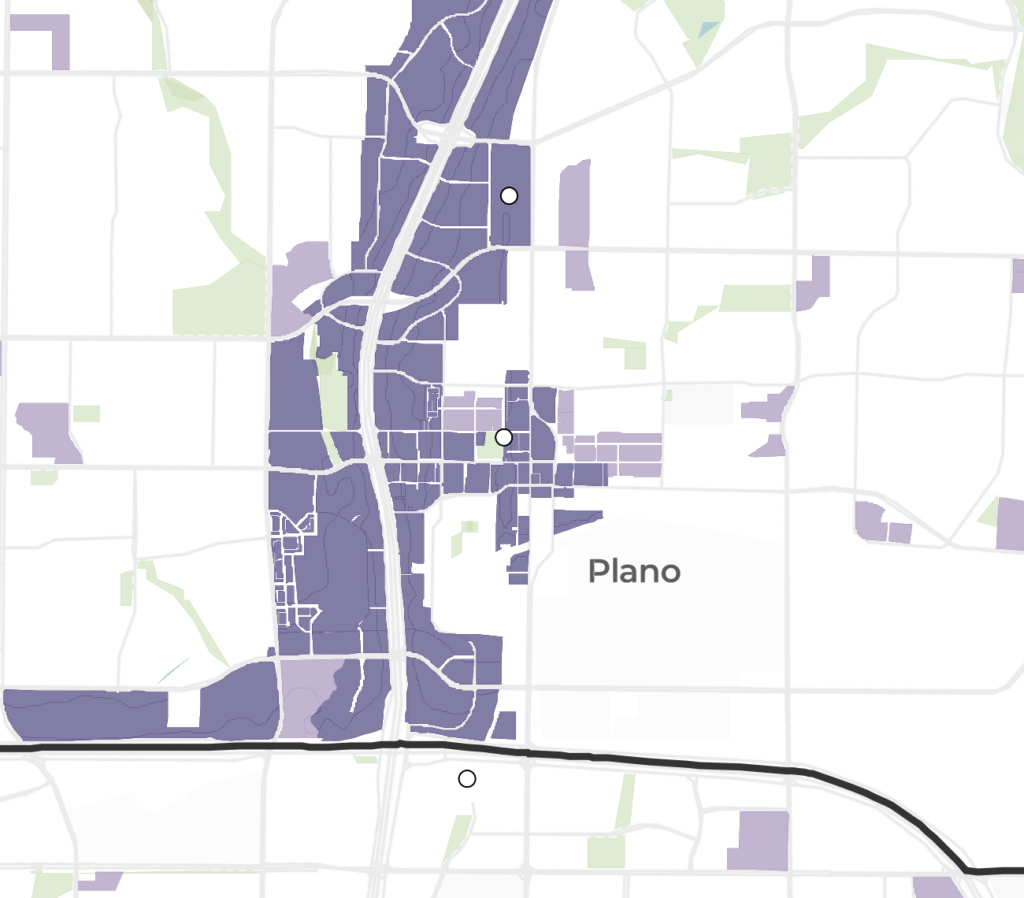 Land-use planning map of Plano, Texas with shaded areas indicating where multifamily apartments of four units or more are allowed.