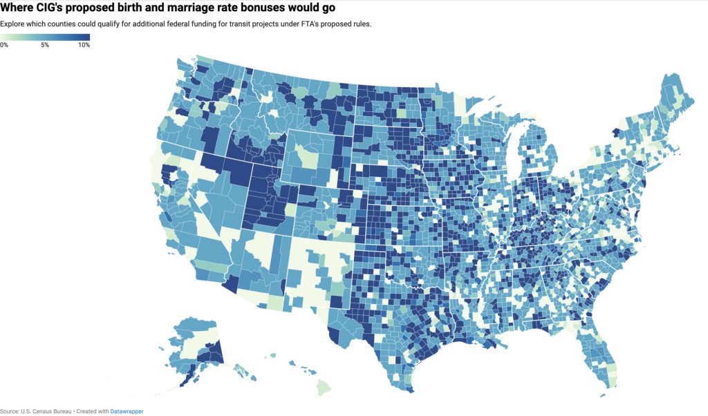 Color-coded map of the U.S. showing where proposed birth and marriage rate bonuses for Capital Improvement Grants would go.