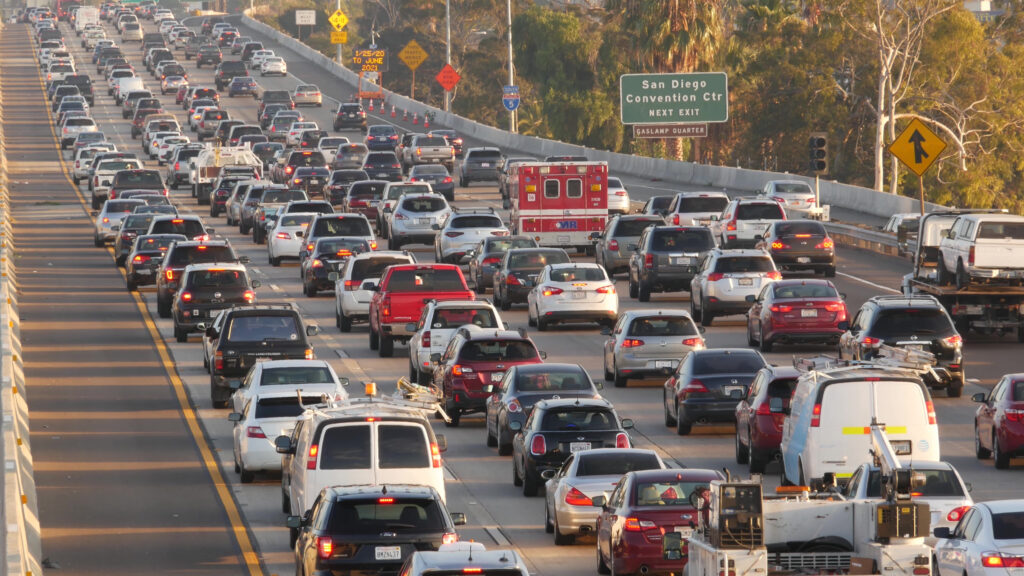 Bumper-to-bumper traffic jam on a highway in Southern California.